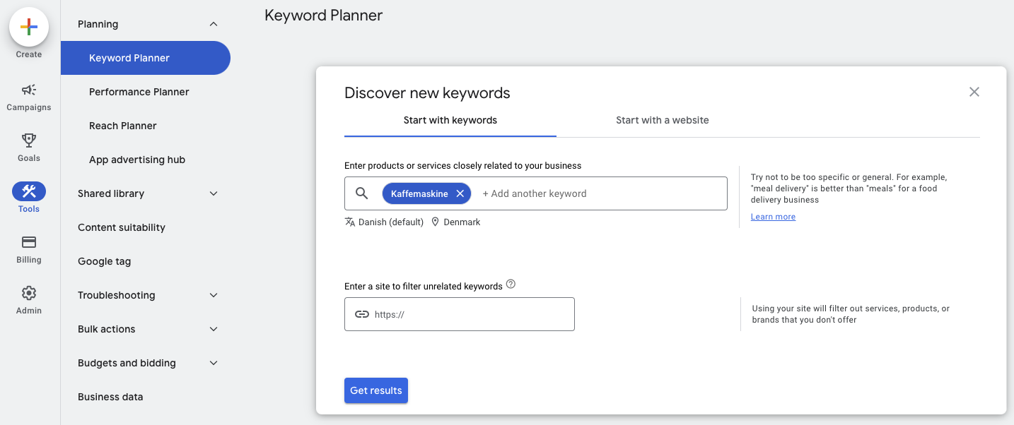 Google Keyword Planner - Kaffemaskine