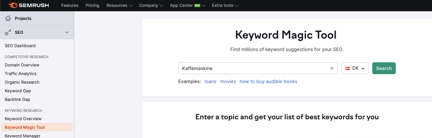 Semrush magic tool - kaffemaskine
